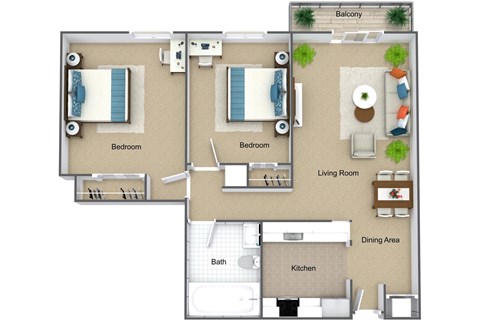 A floor plan of an apartment with two bedrooms, a living room, a dining area, a kitchen, and a bathroom.
